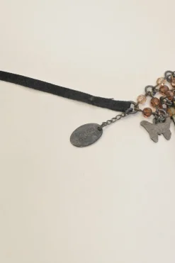 Brass charm festoon ribbon-tie necklace
