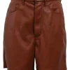 Brick brown polyester-blend faux leather high-rise shorts
