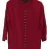 Brick red cashmere cropped sleeve cardigan with jade bead button loop fastening