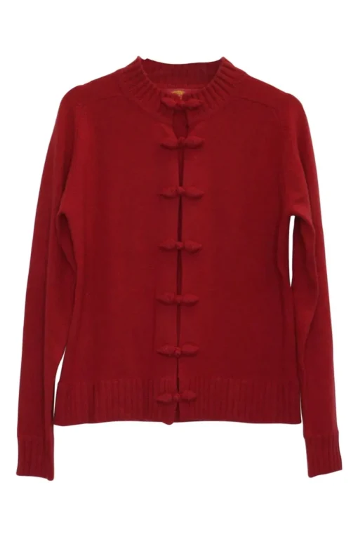 Brick red cashmere mock neck cardigan with frog button fastening at centre front