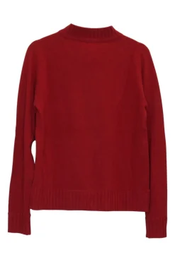 Brick red cashmere mock neck cardigan with frog button fastening at centre front