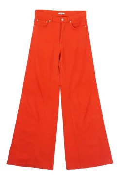 Bright coral red cotton denim high-rise flared jeans