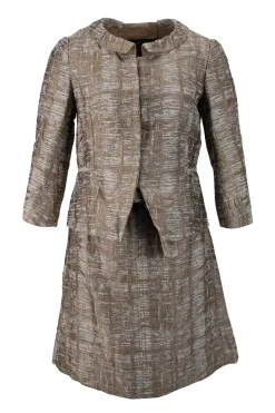 Bronze elbow length button down silk jacket with high waist mini skirt