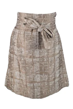 Bronze elbow length button down silk jacket with high waist mini skirt