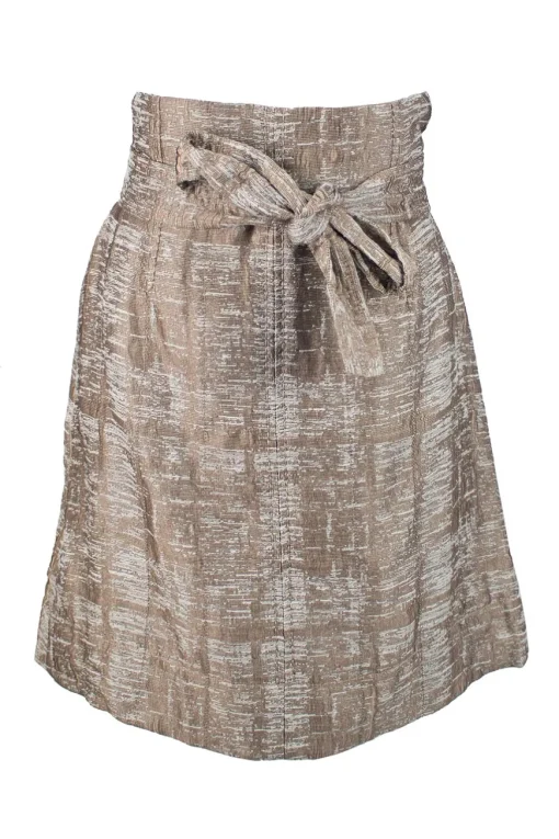 Bronze elbow length button down silk jacket with high waist mini skirt