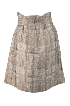 Bronze elbow length button down silk jacket with high waist mini skirt