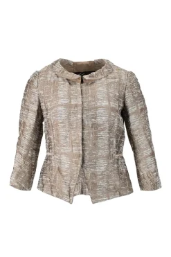 Bronze elbow length button down silk jacket with high waist mini skirt