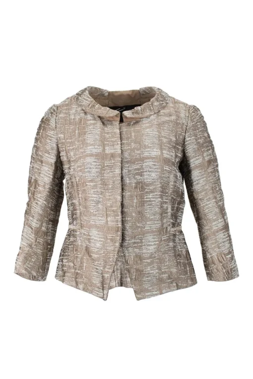 Bronze elbow length button down silk jacket with high waist mini skirt