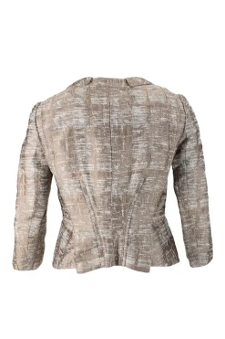 Bronze elbow length button down silk jacket with high waist mini skirt