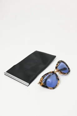 Brown acetate tortoiseshell and blue tinted polycarbonate geometric cat-eye oversized sunglasses