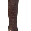 Brown alligator-embossed leather Linda round-toe pull-on tall block heel boots