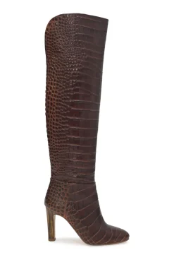 Brown alligator-embossed leather Linda round-toe pull-on tall block heel boots