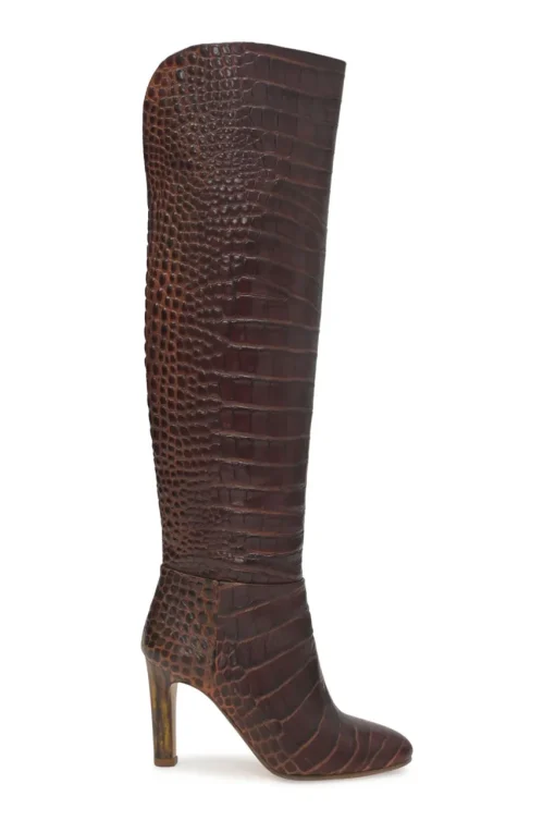 Brown alligator-embossed leather Linda round-toe pull-on tall block heel boots