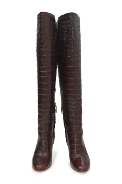 Brown alligator-embossed leather Linda round-toe pull-on tall block heel boots