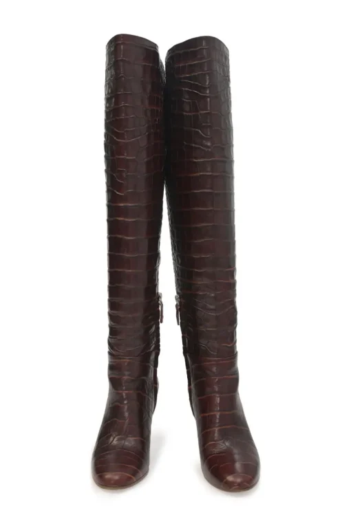 Brown alligator-embossed leather Linda round-toe pull-on tall block heel boots