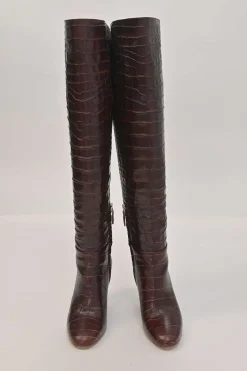 Brown alligator-embossed leather Linda round-toe pull-on tall block heel boots