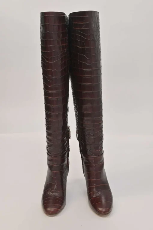 Brown alligator-embossed leather Linda round-toe pull-on tall block heel boots