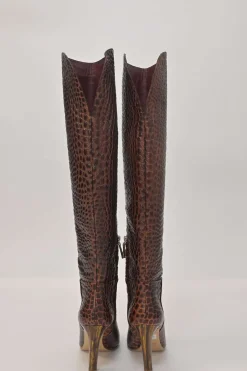 Brown alligator-embossed leather Linda round-toe pull-on tall block heel boots