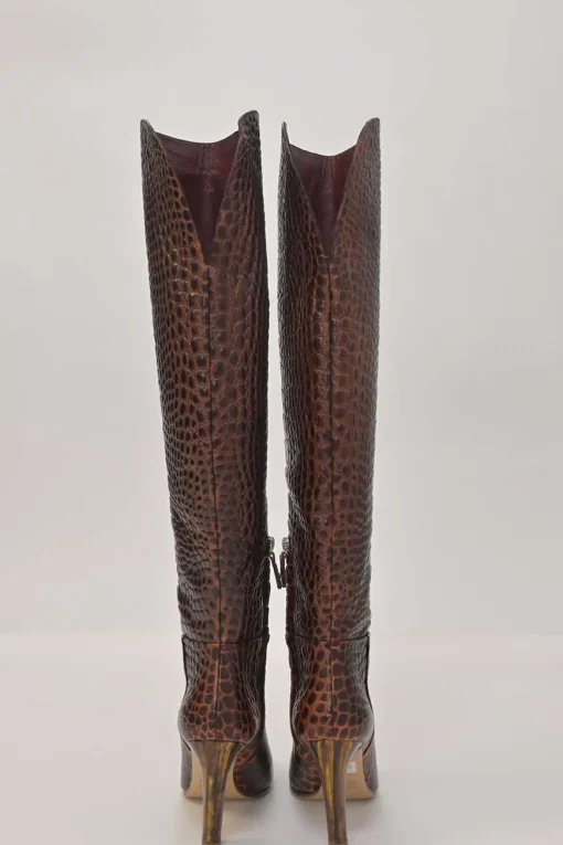 Brown alligator-embossed leather Linda round-toe pull-on tall block heel boots