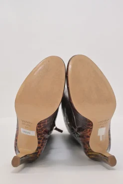 Brown alligator-embossed leather Linda round-toe pull-on tall block heel boots