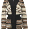 Brown alpaca-blend striped jersey knit stand collar peplum cardigan