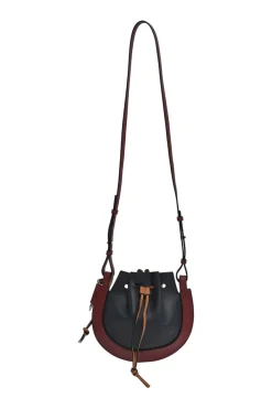 Brown and black colour-block leather horseshoe drawstring bucket bag