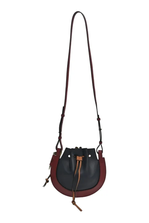 Brown and black colour-block leather horseshoe drawstring bucket bag