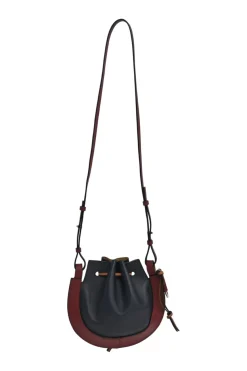 Brown and black colour-block leather horseshoe drawstring bucket bag