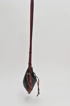 Brown and black colour-block leather horseshoe drawstring bucket bag