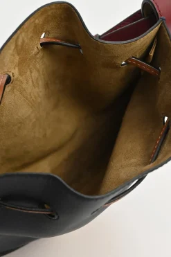 Brown and black colour-block leather horseshoe drawstring bucket bag