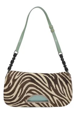Brown and blue zebra print calf hair and leather Malice shoulder bag with beaded strap