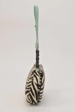 Brown and blue zebra print calf hair and leather Malice shoulder bag with beaded strap