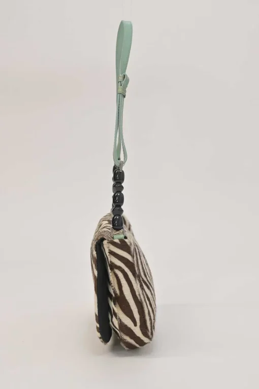 Brown and blue zebra print calf hair and leather Malice shoulder bag with beaded strap