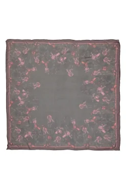 Brown and burgundy silk abstract floral border print oversized scarf