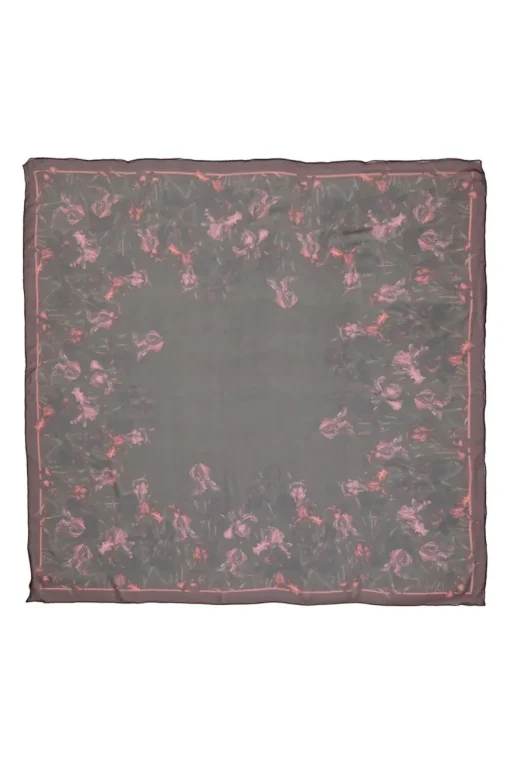 Brown and burgundy silk abstract floral border print oversized scarf