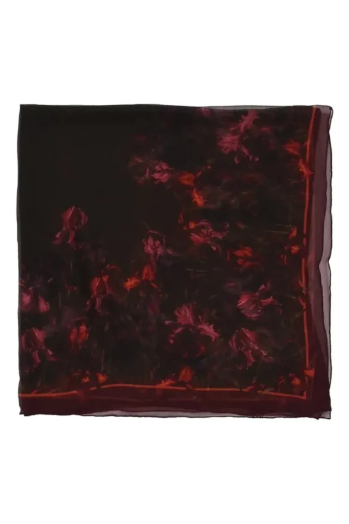 Brown and burgundy silk abstract floral border print oversized scarf
