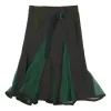 Brown and forest green wool tweed-nylon blend mixed-media apron-style midi skirt with godet inserts