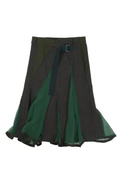 Brown and forest green wool tweed-nylon blend mixed-media apron-style midi skirt with godet inserts