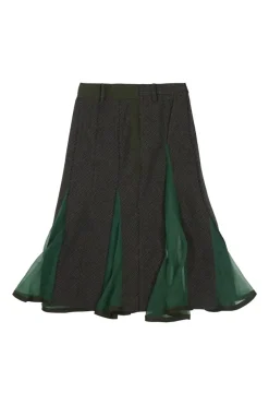 Brown and forest green wool tweed-nylon blend mixed-media apron-style midi skirt with godet inserts