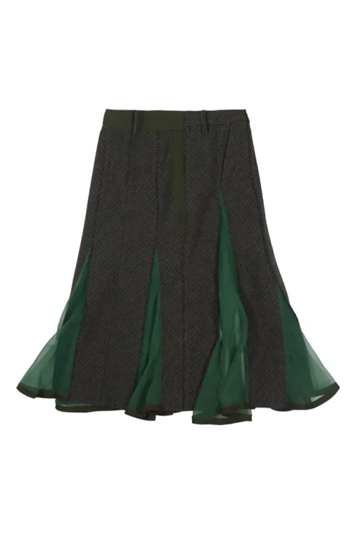 Brown and forest green wool tweed-nylon blend mixed-media apron-style midi skirt with godet inserts