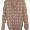 Brown and pink pima cotton-blend fully-fashioned intarsia cardigan featuring graphic check motif