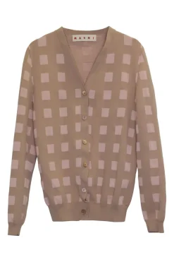 Brown and pink pima cotton-blend fully-fashioned intarsia cardigan featuring graphic check motif