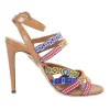 Brown beaded almond toe strappy heeled Masai sandals with adjustable buckle ankle strap