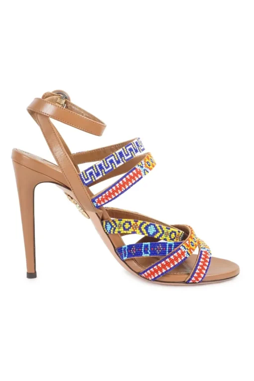 Brown beaded almond toe strappy heeled Masai sandals with adjustable buckle ankle strap