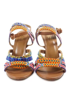 Brown beaded almond toe strappy heeled Masai sandals with adjustable buckle ankle strap