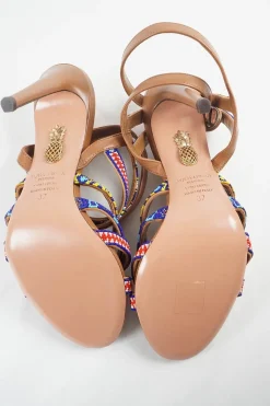 Brown beaded almond toe strappy heeled Masai sandals with adjustable buckle ankle strap