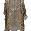 Brown bias-cut semi-sheer leopard print bateau neck kaftan tunic