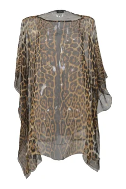 Brown bias-cut semi-sheer leopard print bateau neck kaftan tunic