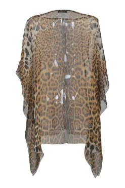 Brown bias-cut semi-sheer leopard print bateau neck kaftan tunic