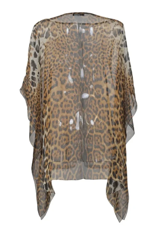 Brown bias-cut semi-sheer leopard print bateau neck kaftan tunic